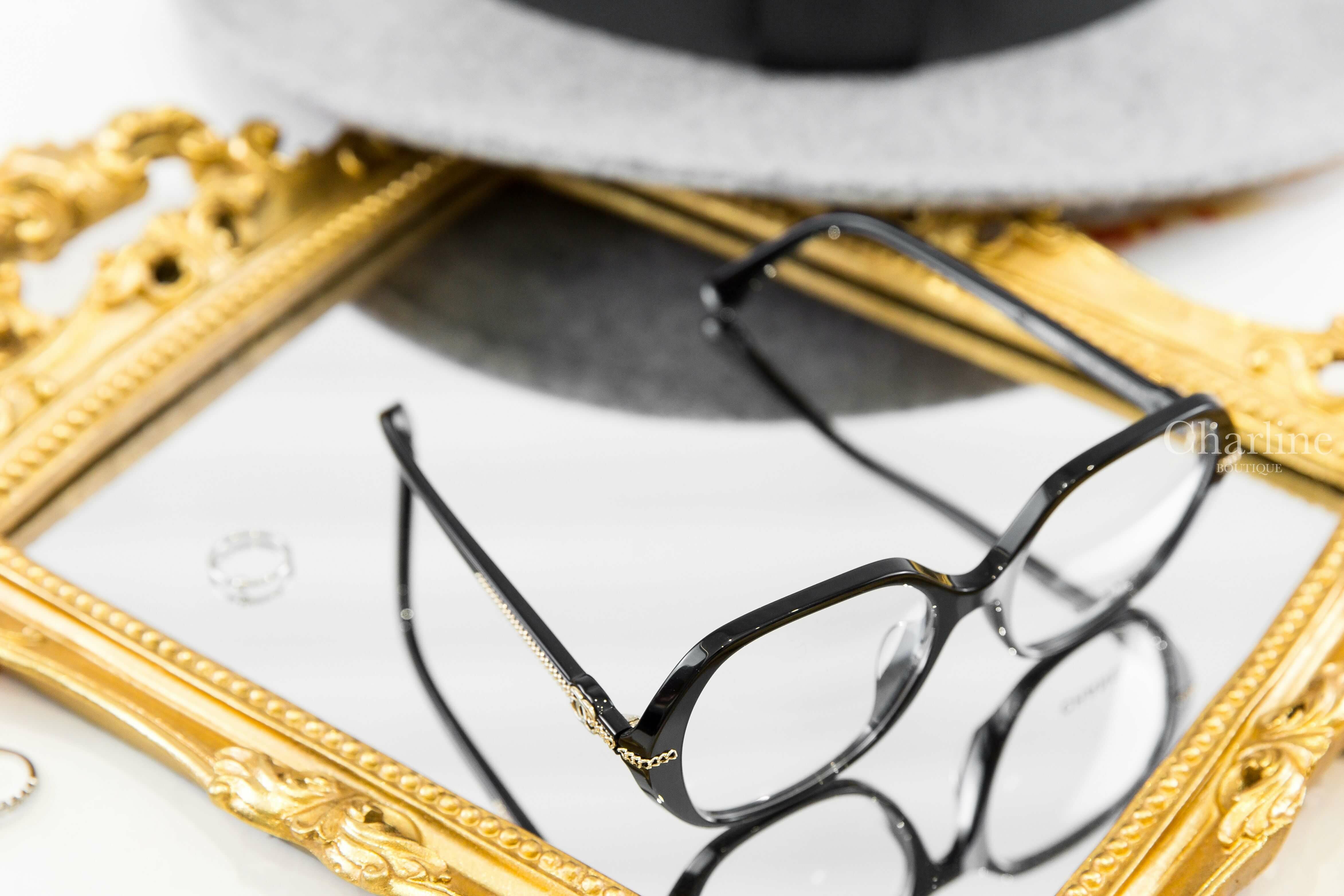 Chanel Square Eyeglasses 黑色方框側邊金CC金鍊平光眼鏡-Charline Boutique 精品代購