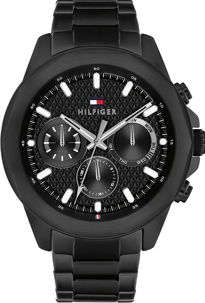 萬年鐘錶 - Tommy Hilfiger  低調全黑三眼不鏽鋼男錶 1710653 錶徑46MM