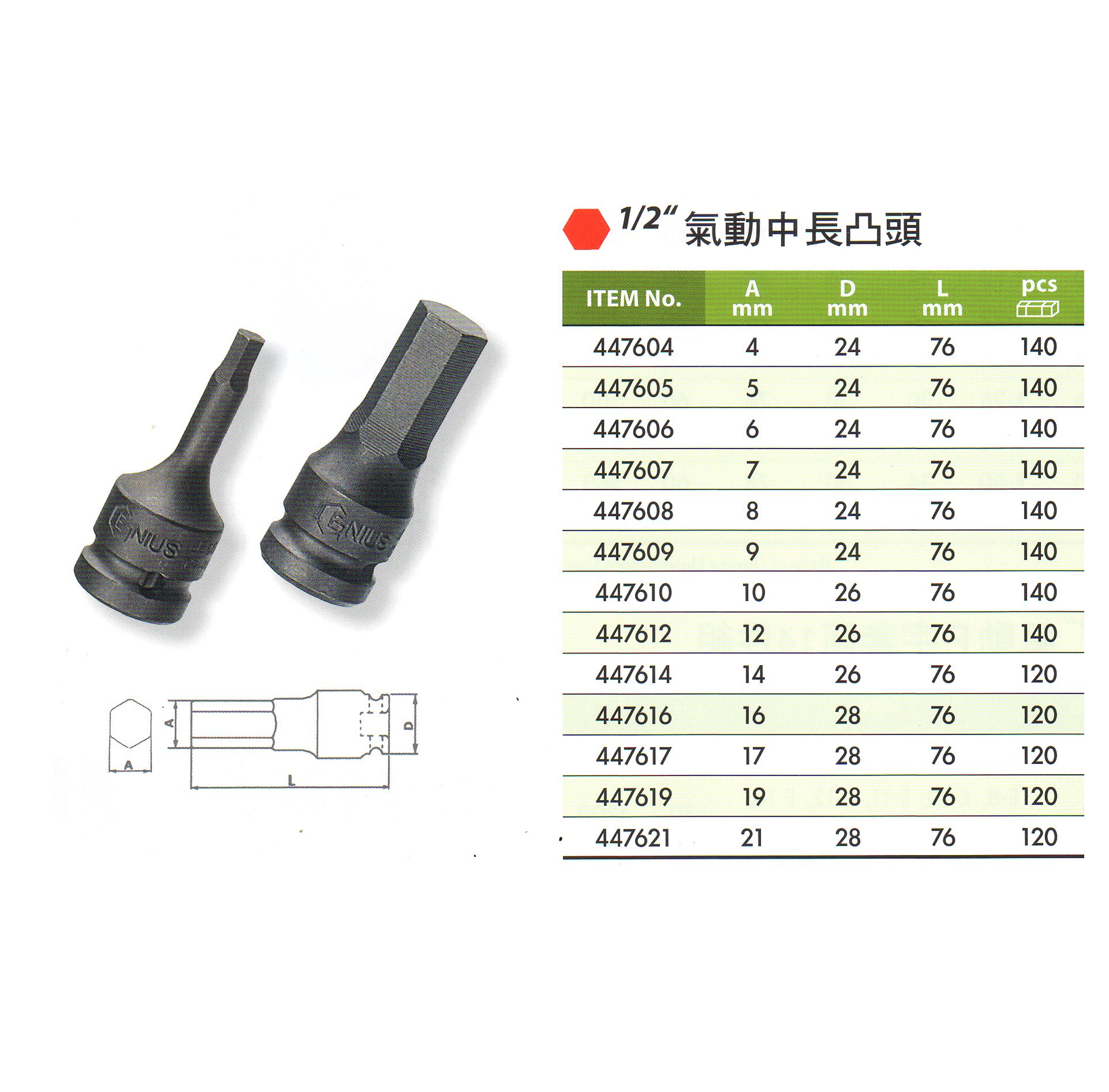 ＊中崙五金【附發票】加拿大-Genius-1/2〞【4分6角加長型凸頭】5mm~19mm 單顆出售 電動套筒組 凸六角套筒 台灣製