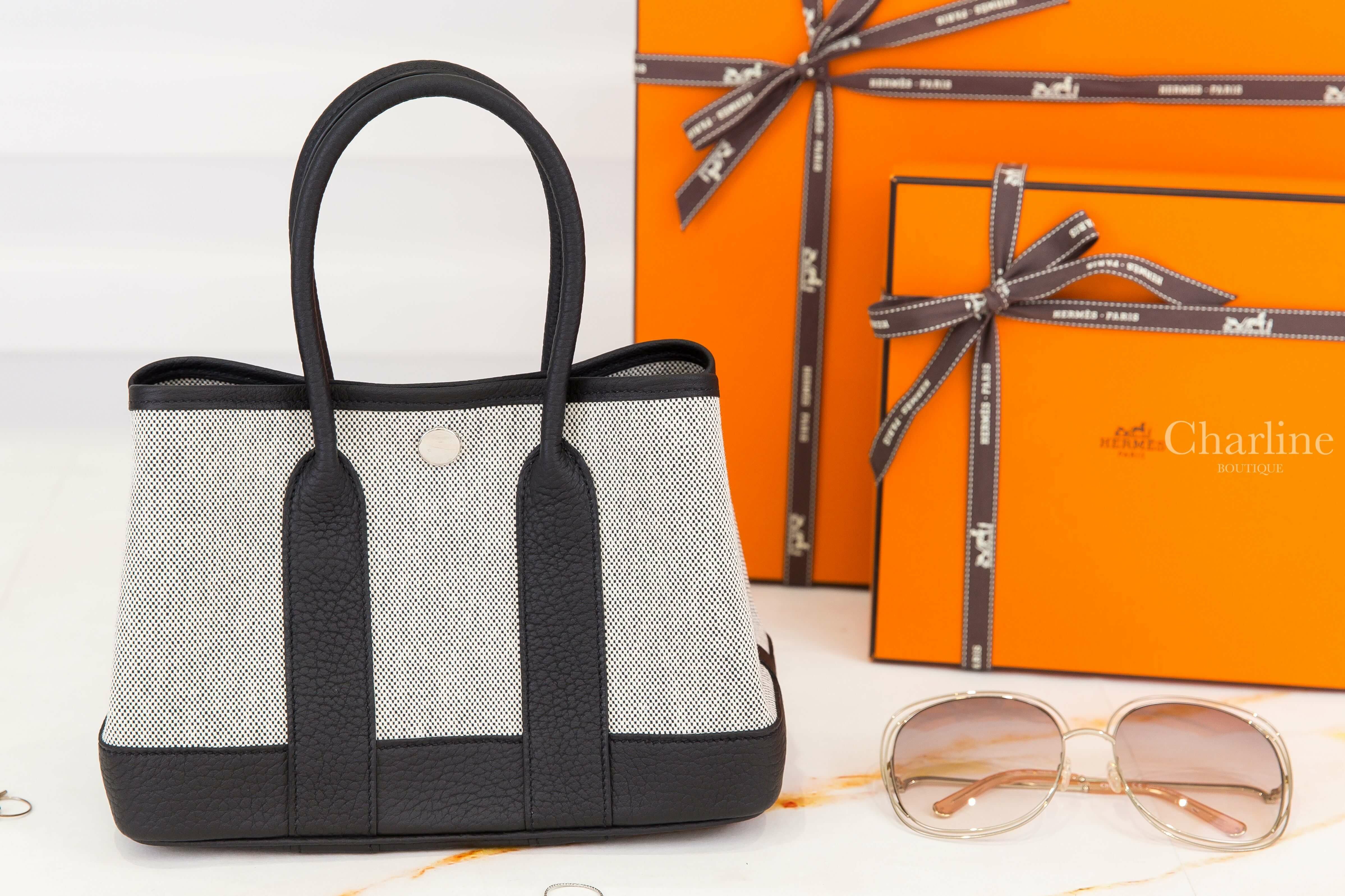 Hermès Neo Garden Party 23cm Viking Canvas / Negonda Calfskin 米灰色帆布拼黑色迷你皮革手提包-Charline Boutique 精品代購