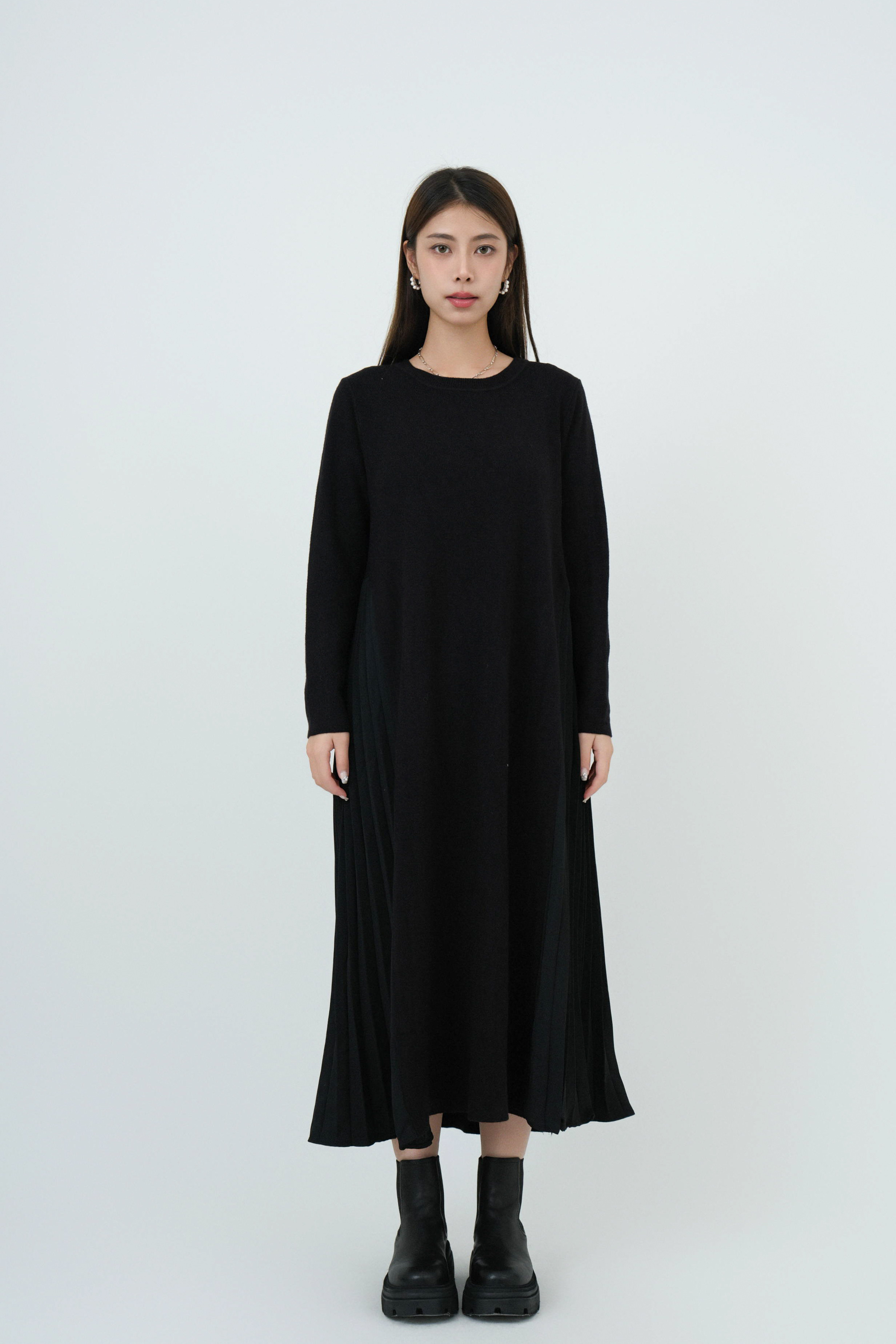 左右拼百褶針織連身裙 (現貨款式）