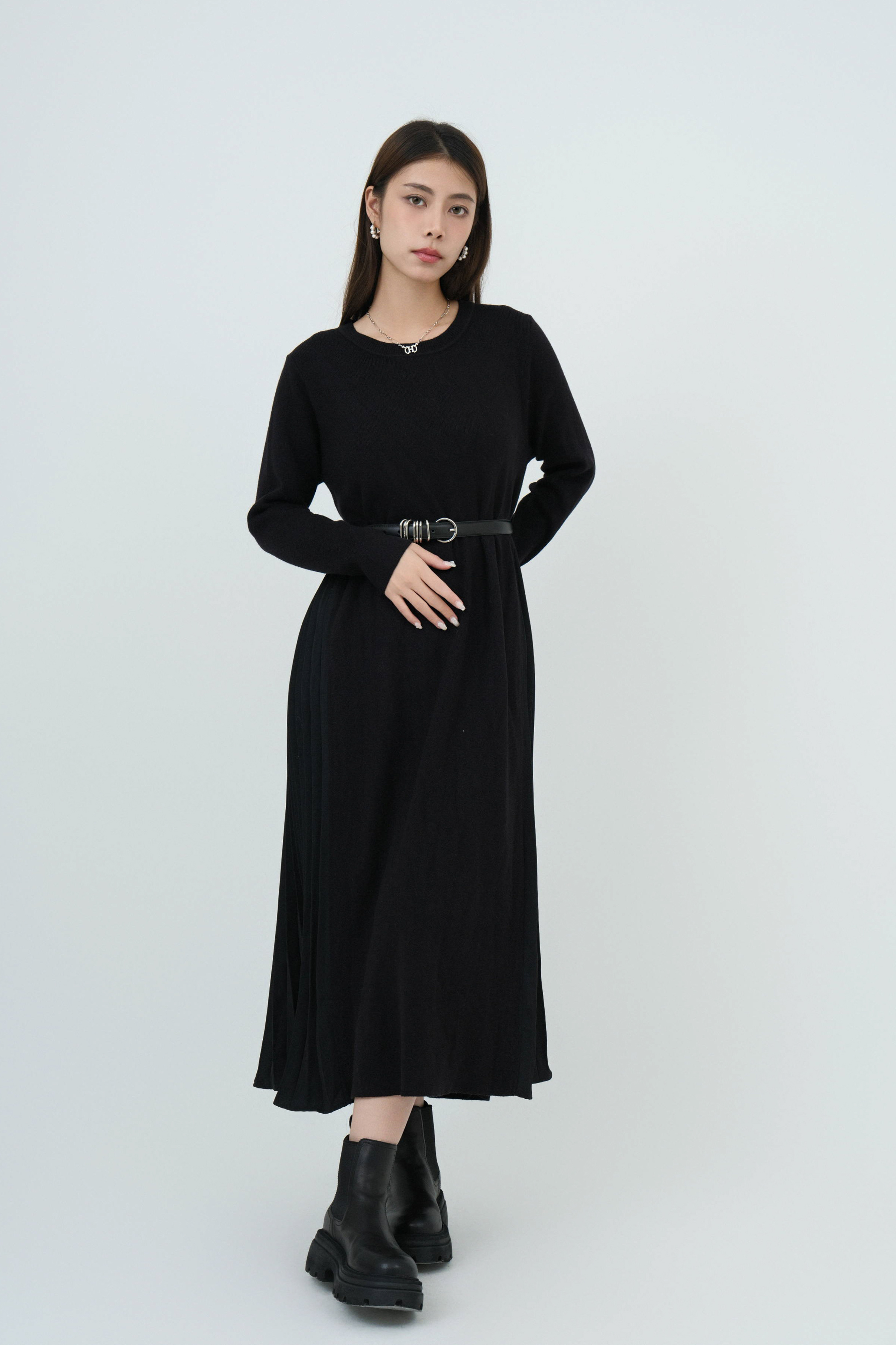 左右拼百褶針織連身裙 (現貨款式）