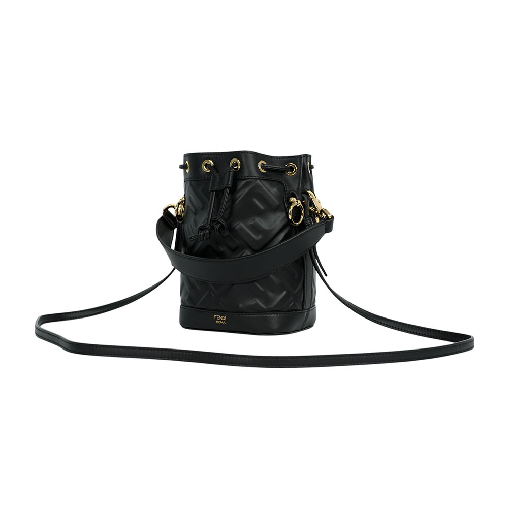 MON TRESOR FF 浮雕小牛皮二用迷你水桶包(黑色) 8BS093 ANWT F0KUR