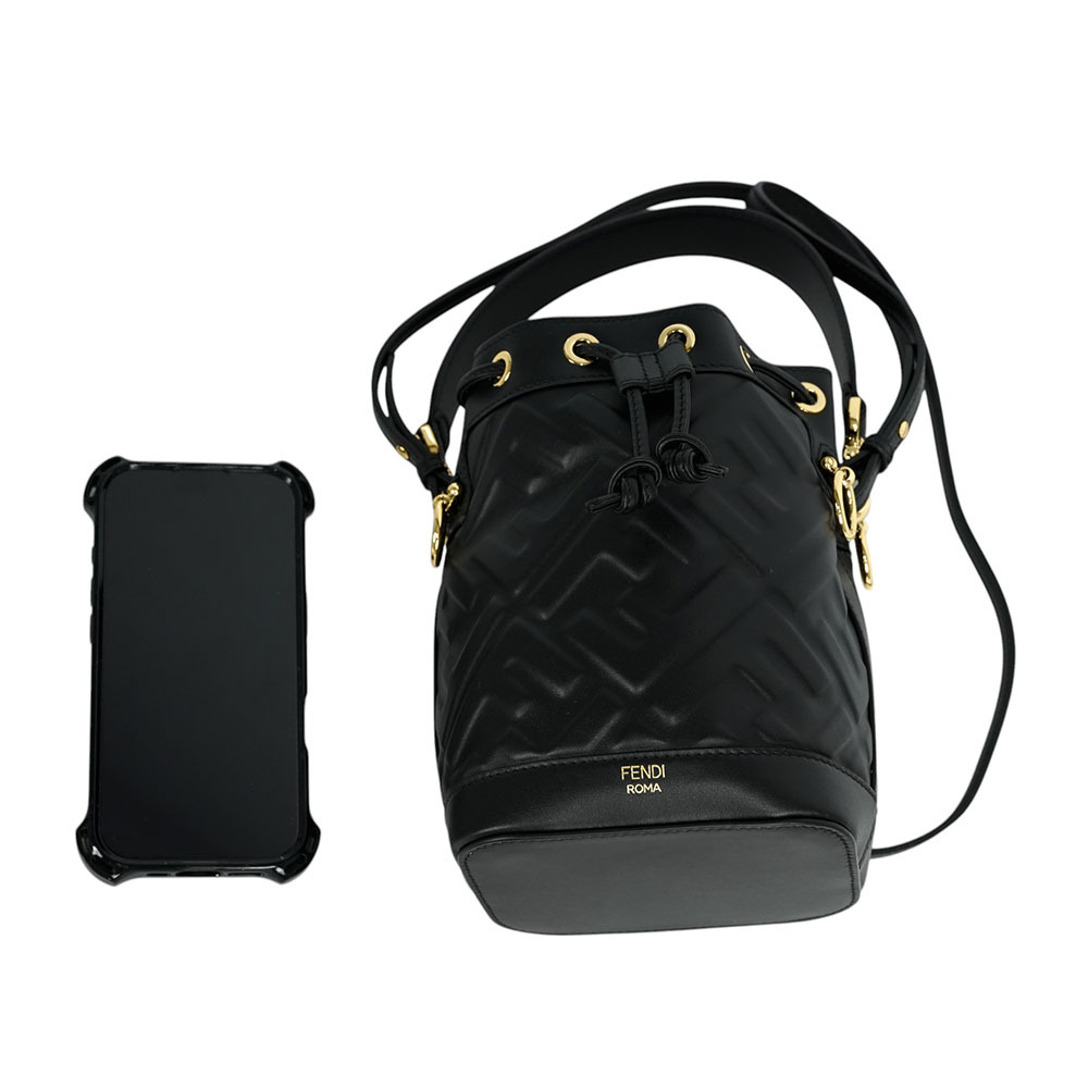 MON TRESOR FF 浮雕小牛皮二用迷你水桶包(黑色) 8BS093 ANWT F0KUR