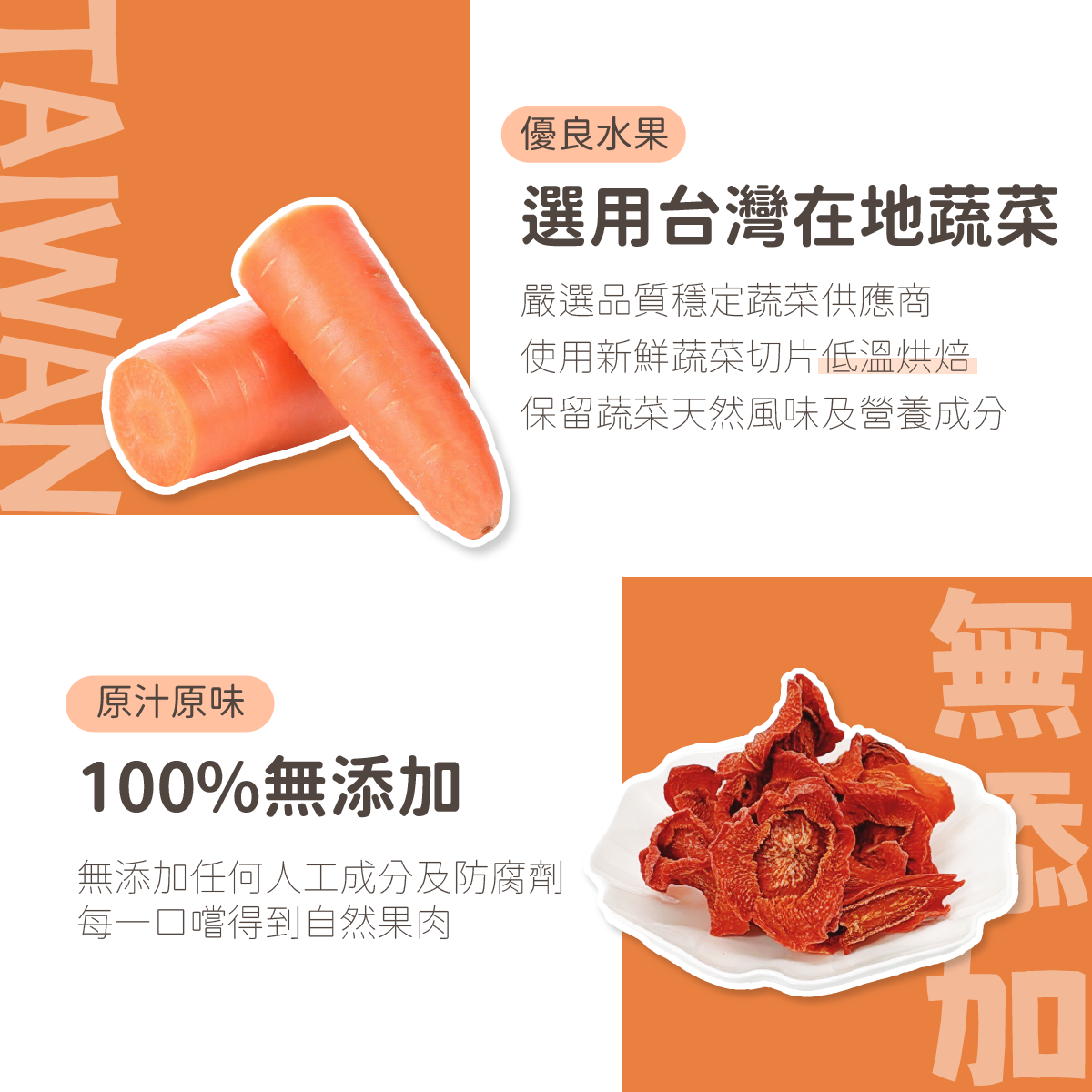 優良紅蘿蔔，選用台灣在地蔬果，嚴選品質穩定蔬果供應商，使用新鮮蔬果切片低溫烘焙，保留紅蘿蔔天然風味及營養成分。 原汁原味，100%無添加，無添加任何人工成分及防腐劑 每一口嚐得到自然果肉。