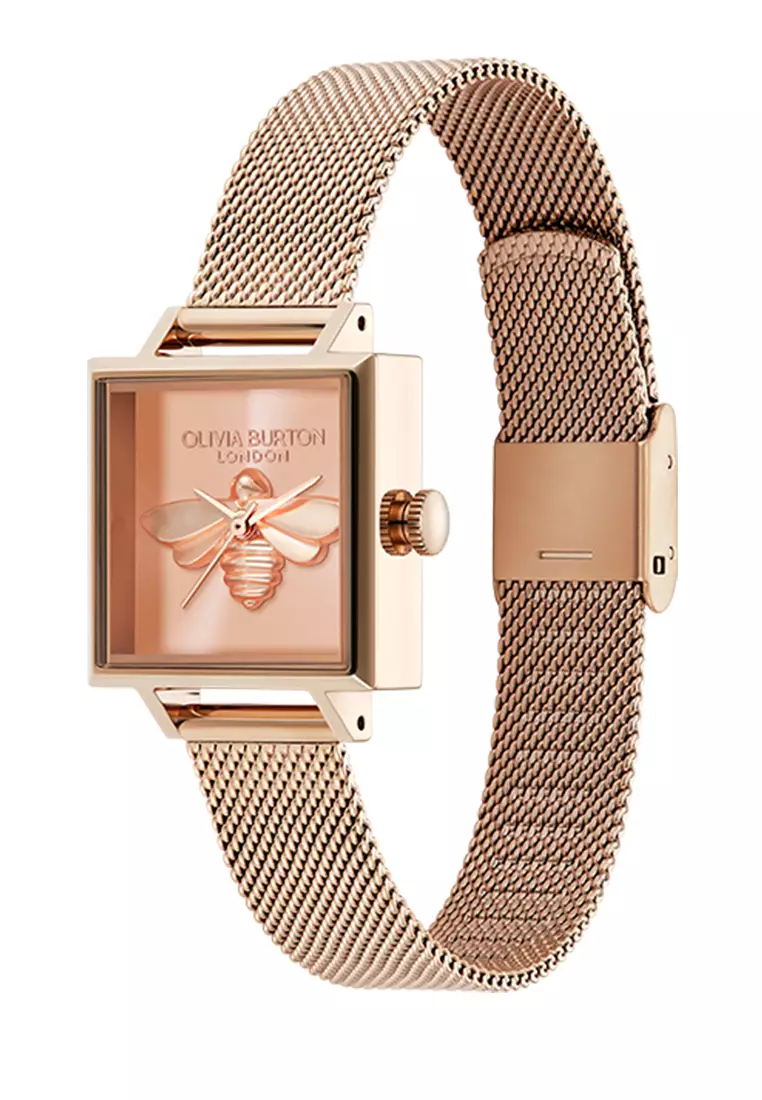萬年鐘錶 -  Olivia Burton  藝術時尚 Bee Tank系列  3D蜜蜂淺粉面玫瑰金殼米蘭不銹鋼帶女錶 24000215  錶徑22.5MM