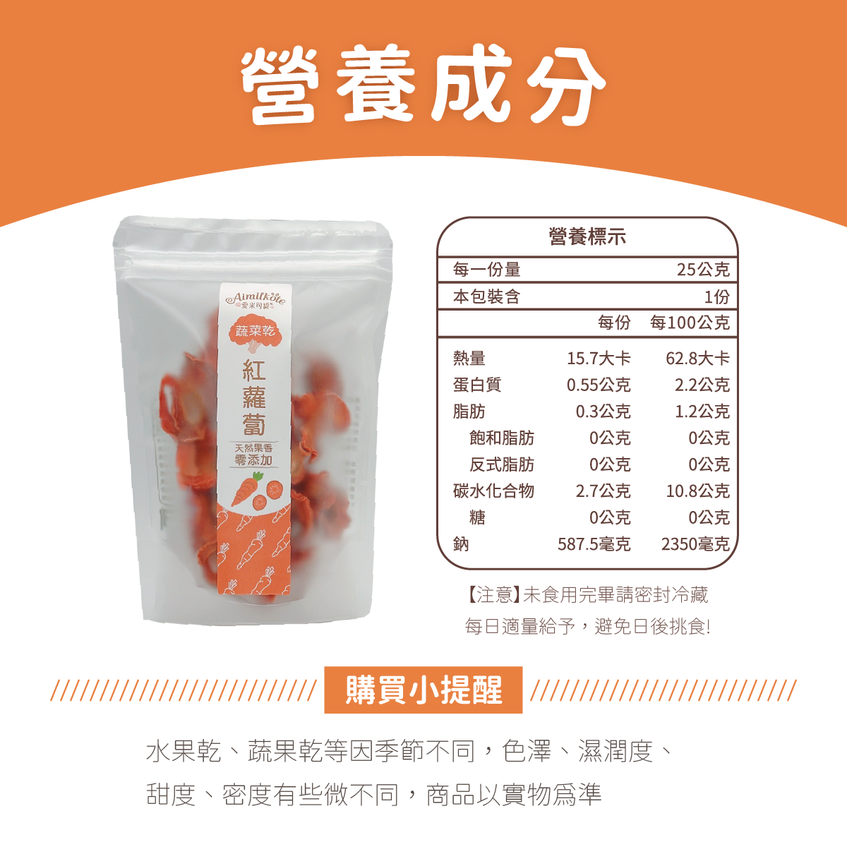 紅蘿蔔營養成分，【注意】未食用完畢請密封冷藏，每日適量給予，避免日後挑食! 購買小提醒，水果乾、蔬果乾等因季節不同，色澤、濕潤度、甜度、密度有些微不同，商品以實物為準。
