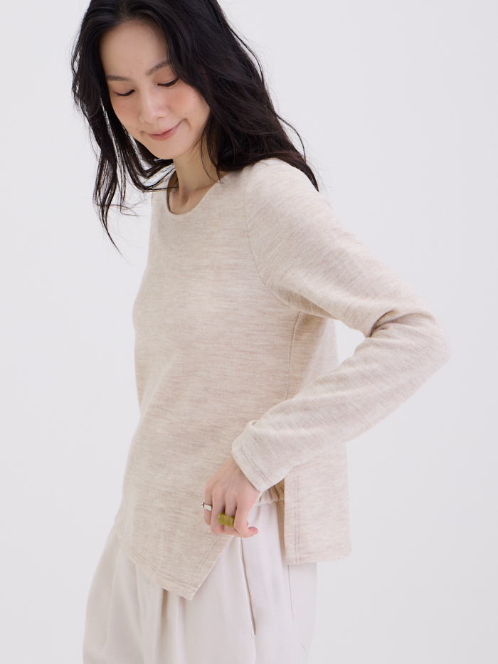 花紗圓領不對襯開岔長袖上衣-沐陽