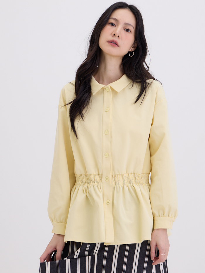 棉柔長袖抽皺襯衫-鵝黃