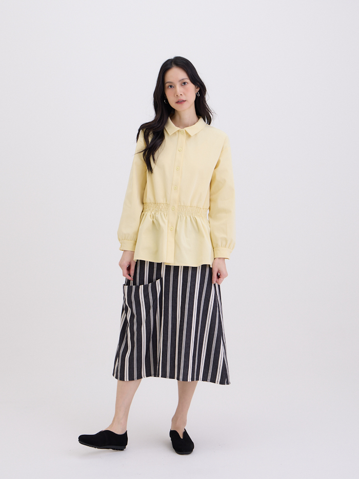 棉柔長袖抽皺襯衫-鵝黃
