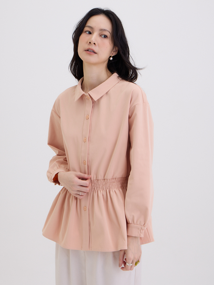 棉柔長袖抽皺襯衫-粉橘