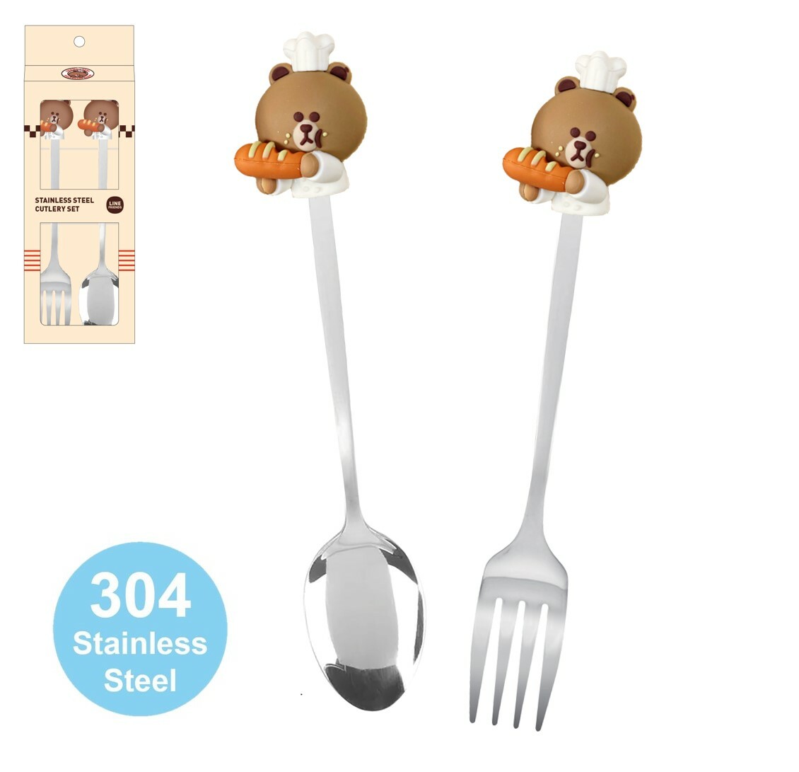 LINE FRIENDS| 3D公仔 頭不銹鋼餐具套裝(匙 叉)