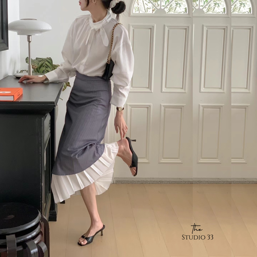 氣質拼接高腰條紋長裙