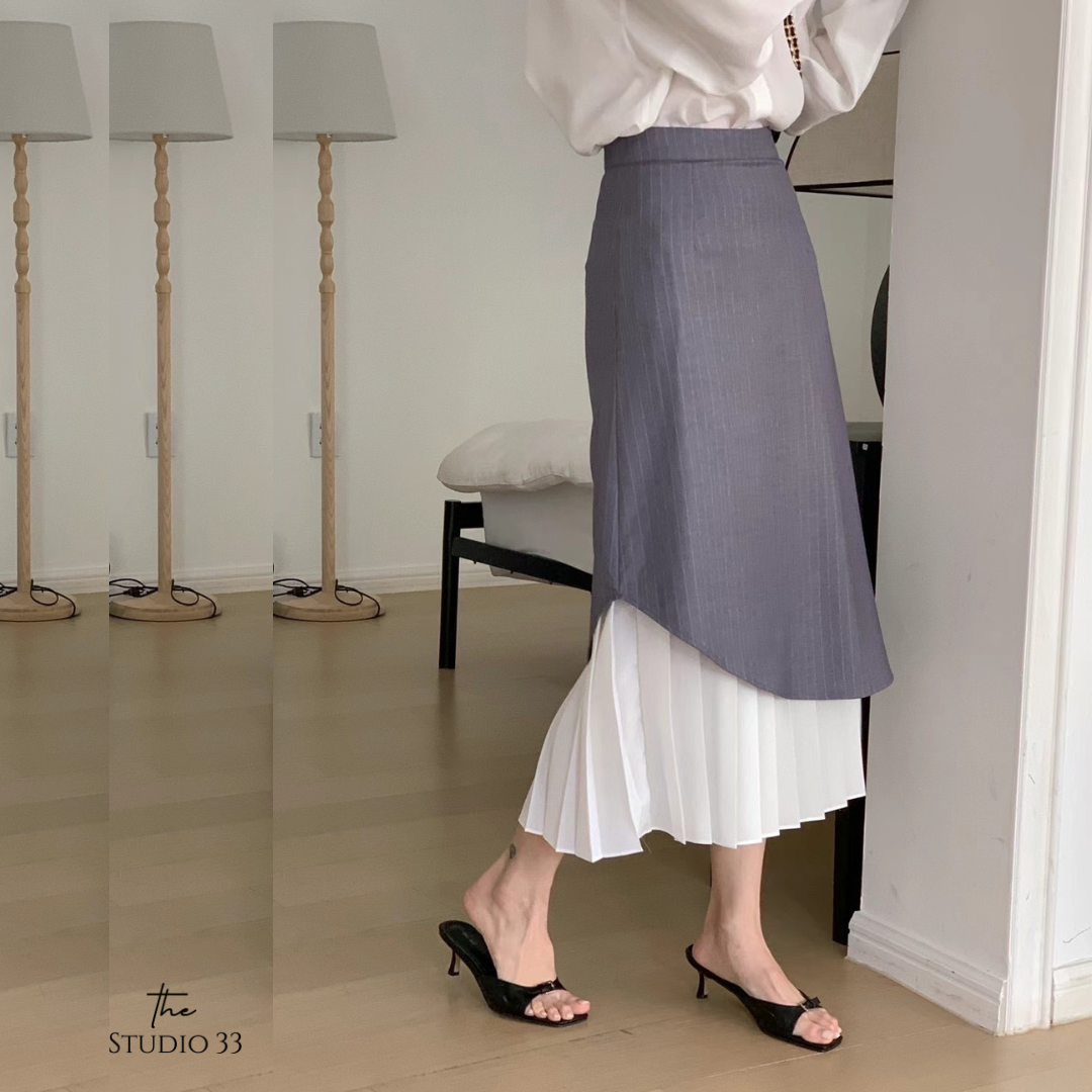 氣質拼接高腰條紋長裙