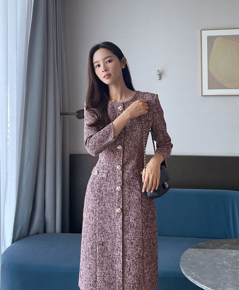 [現貨] Jade 質感修身花呢洋裝 [ 紫色 / M ]