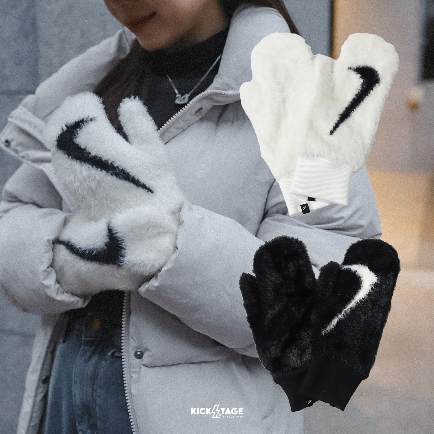 NIKE PLUSH KNIT MITTENS 黑色 白色 大勾 毛絨 保暖 連指手套【N1008868】
