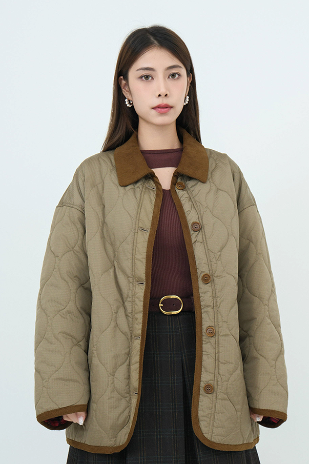 燈芯絨領邊S線間棉褸  (*現貨款式）