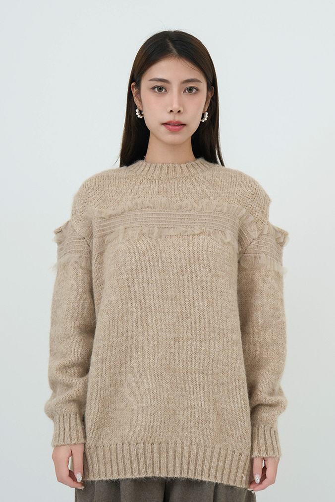 網紗荷葉邊小露肩morhair冷衫  (現貨款式）