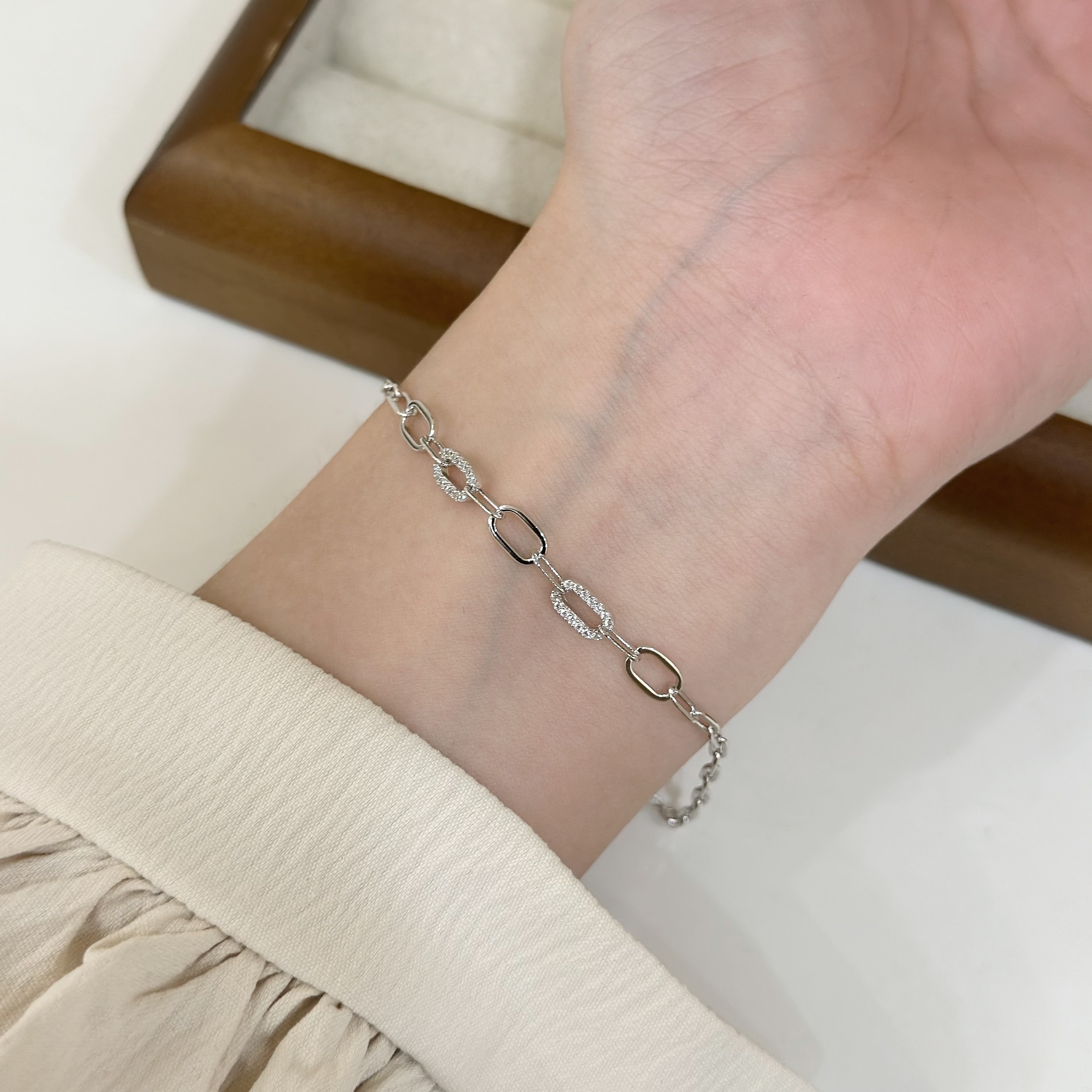 G07【輕奢】排鑽拼接鏈條純銀手鍊