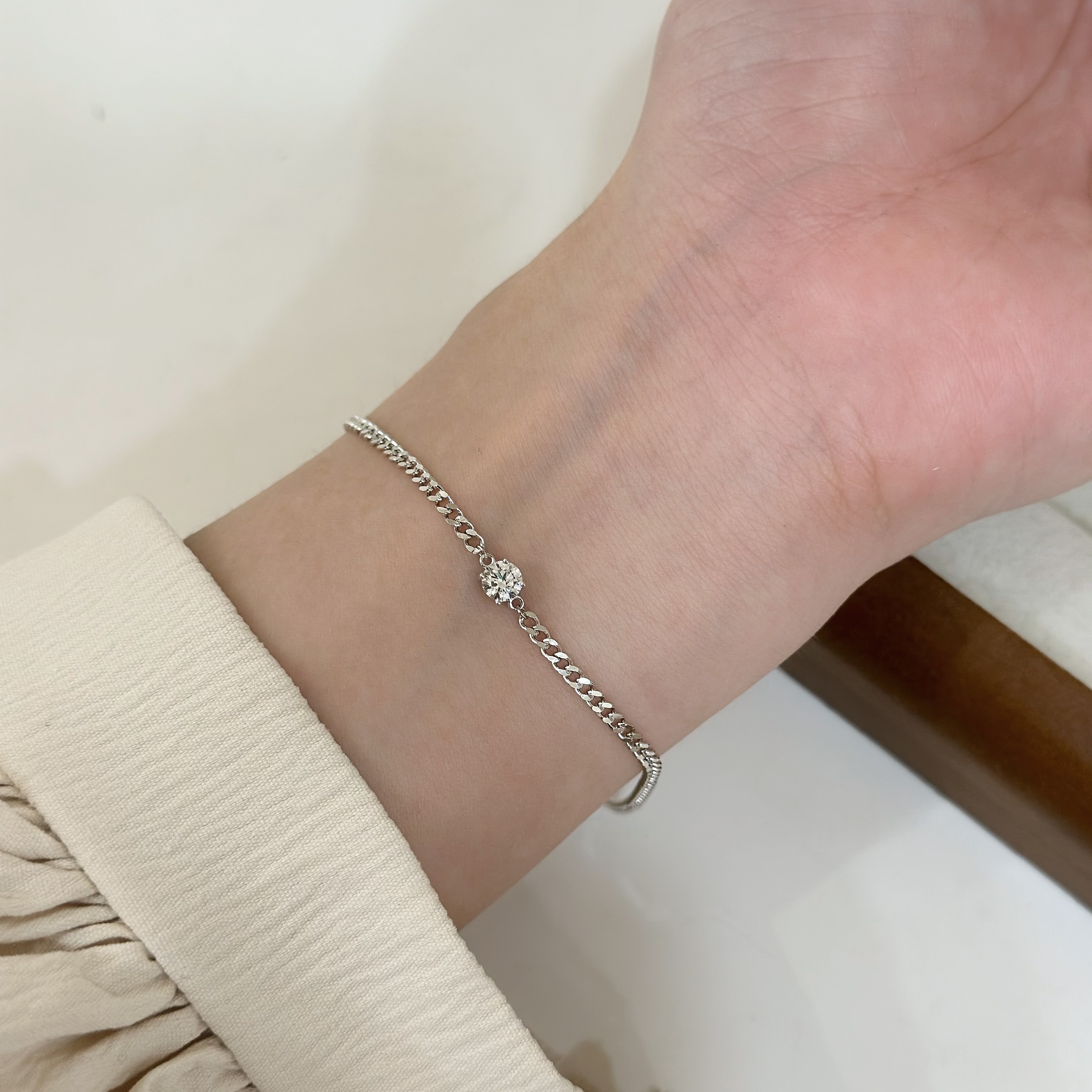 G14【輕奢】單鑽扁型純銀手鍊