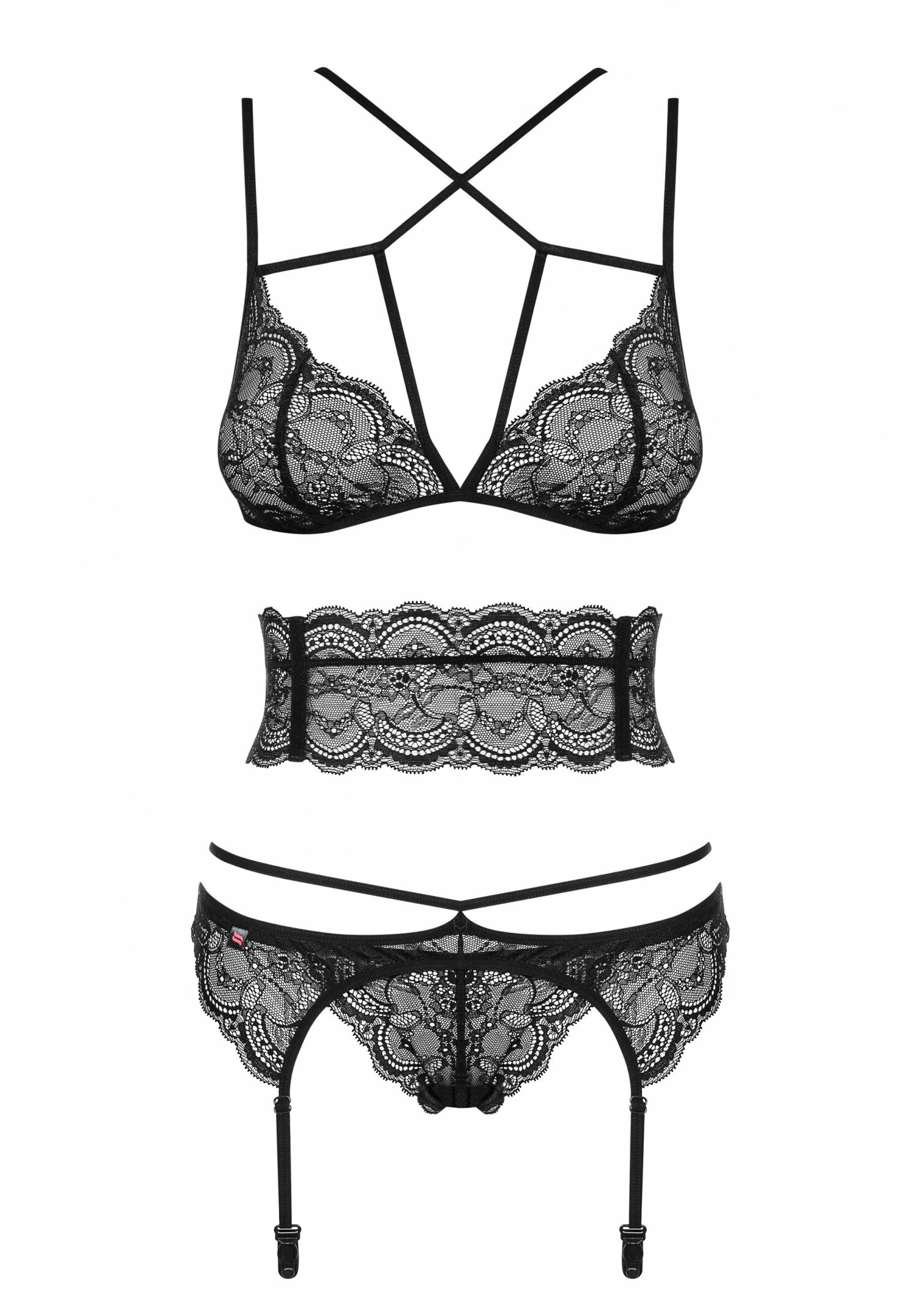 Obsessive - Frivolla 帶腰封性感蕾絲內衣吊襪帶套裝 4件套