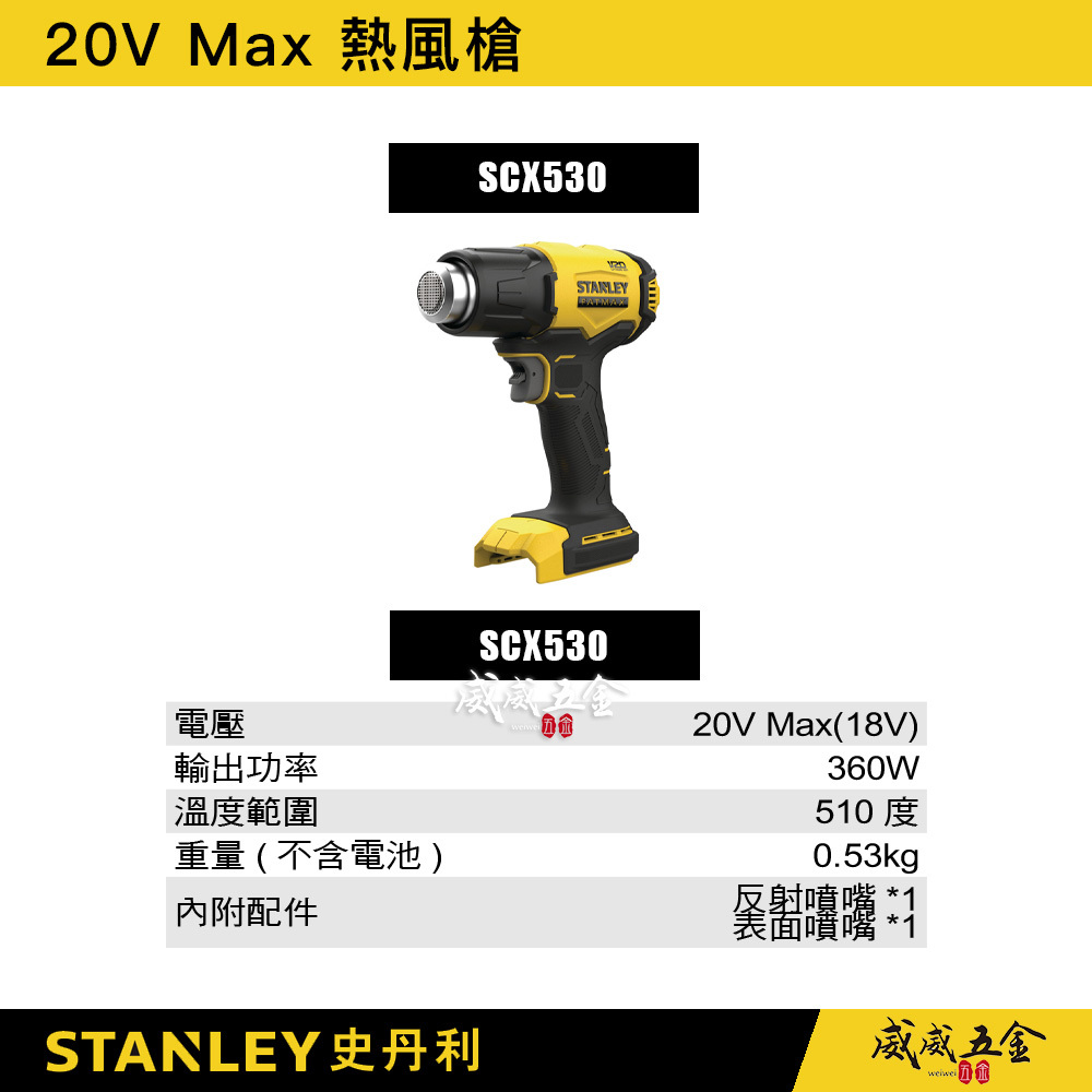 STANLEY 美國 史丹利｜20V 充電熱風槍 510度 充電式熱風機｜空機｜SCX530 SCX530N｜公司貨 SCX530B｜ST-SCX530
