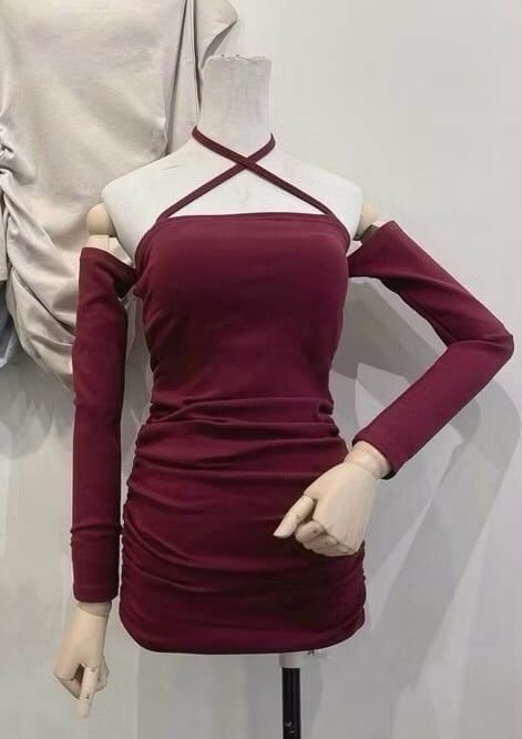 🤍一字斷袖綁帶包臀洋裝（2色均碼）有胸墊