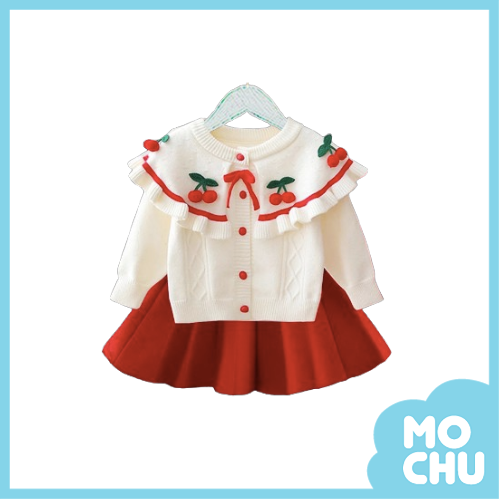 櫻桃蝴蝶結波浪領針織套裝