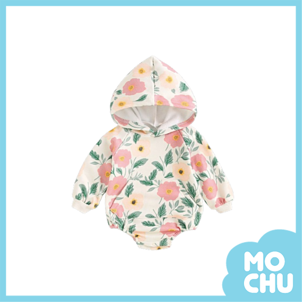 大花綠葉加絨連帽包屁衣