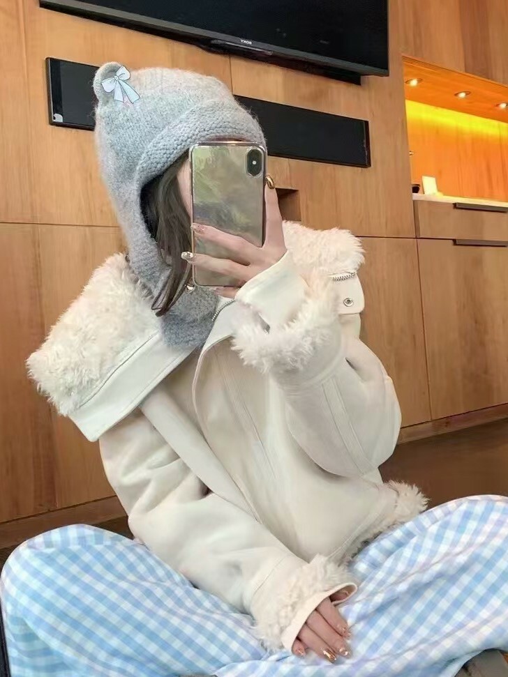 外套丨大翻領毛毛麂皮外套