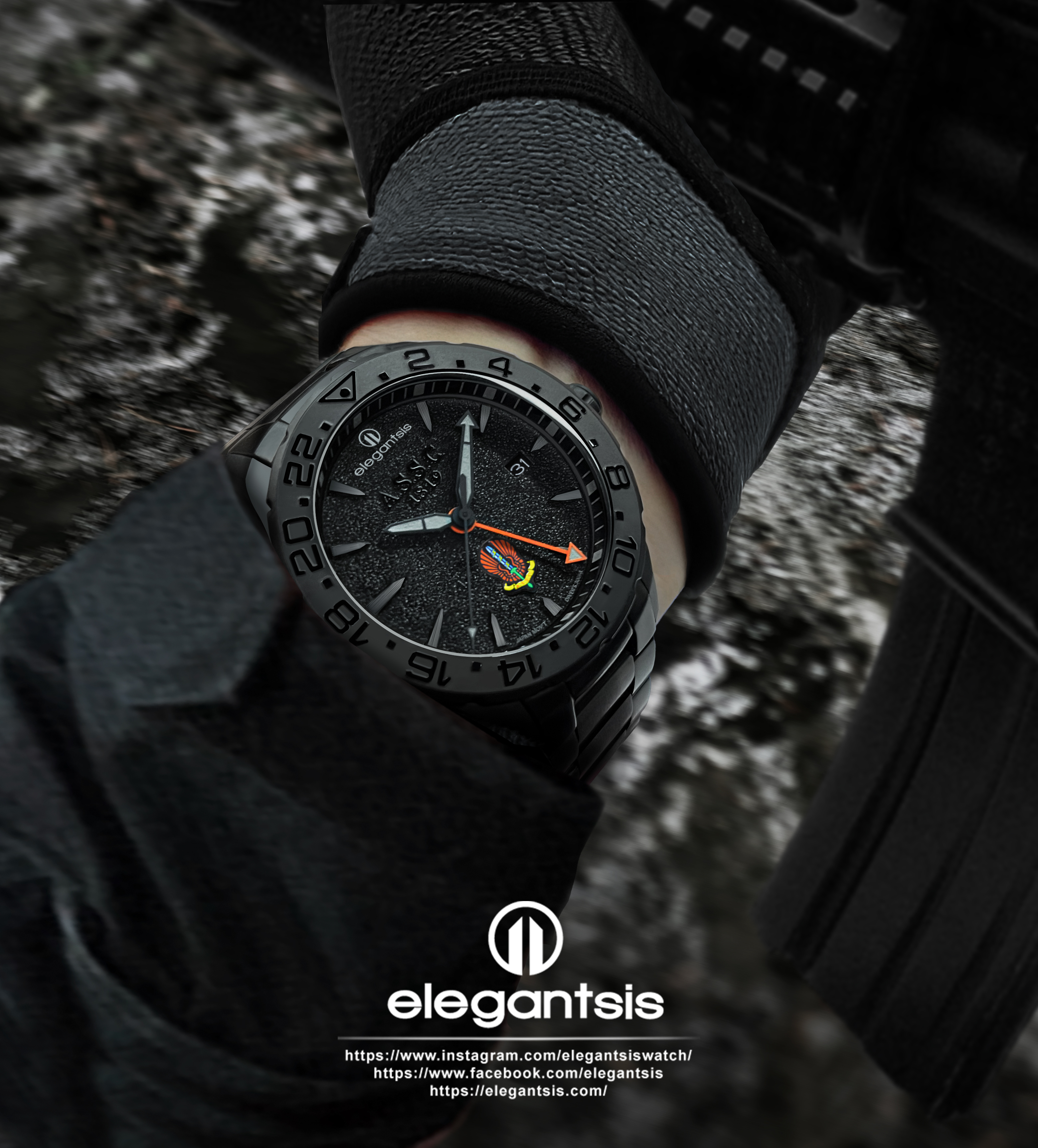 萬年鐘錶 - elegantsis 愛樂時  高空特種勤務中隊-GMT自動機械男錶  ELJO65AS-ASSC-NB01MA 錶徑44MM