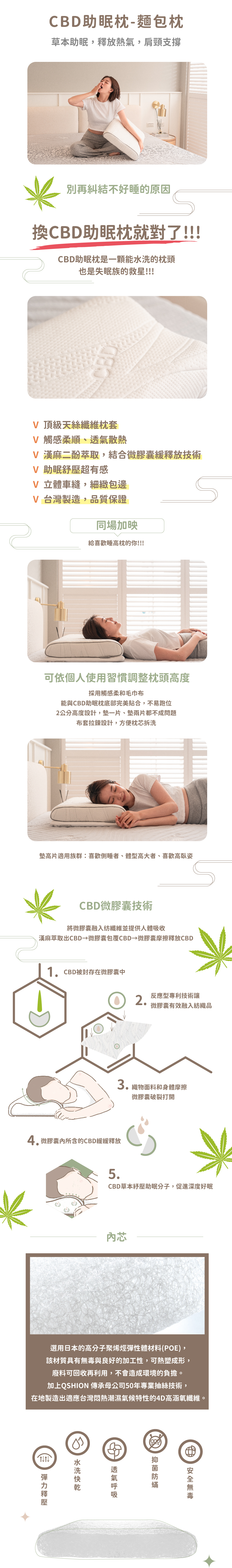 | CBD 草本助眠，漢麻二酚萃取 | 微膠囊緩釋放技術，助眠舒壓超有感 | 天絲纖維布套，觸感柔順、透氣散熱 | 4D高涵氧纖維枕芯，提供肩頸良好支撐 | 枕芯可水洗清潔，快速乾燥，布套也能拆洗清潔 | 通過多項檢測認證 | THC 零檢出，使用更安心