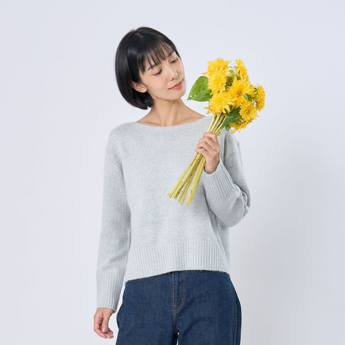 Hillary船型領平針羅文針織毛衣/灰