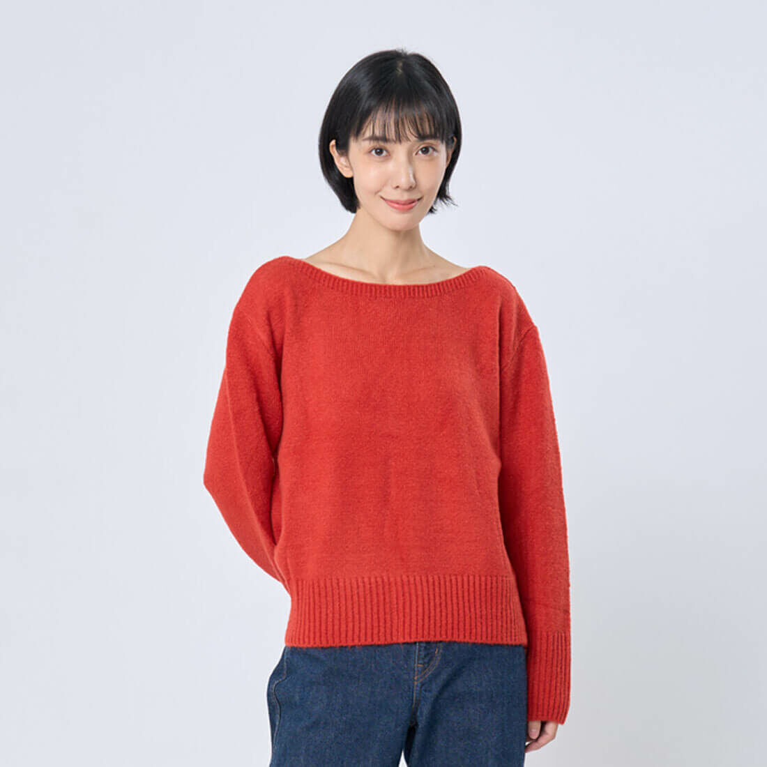 Hillary船型領平針羅文針織毛衣/紅