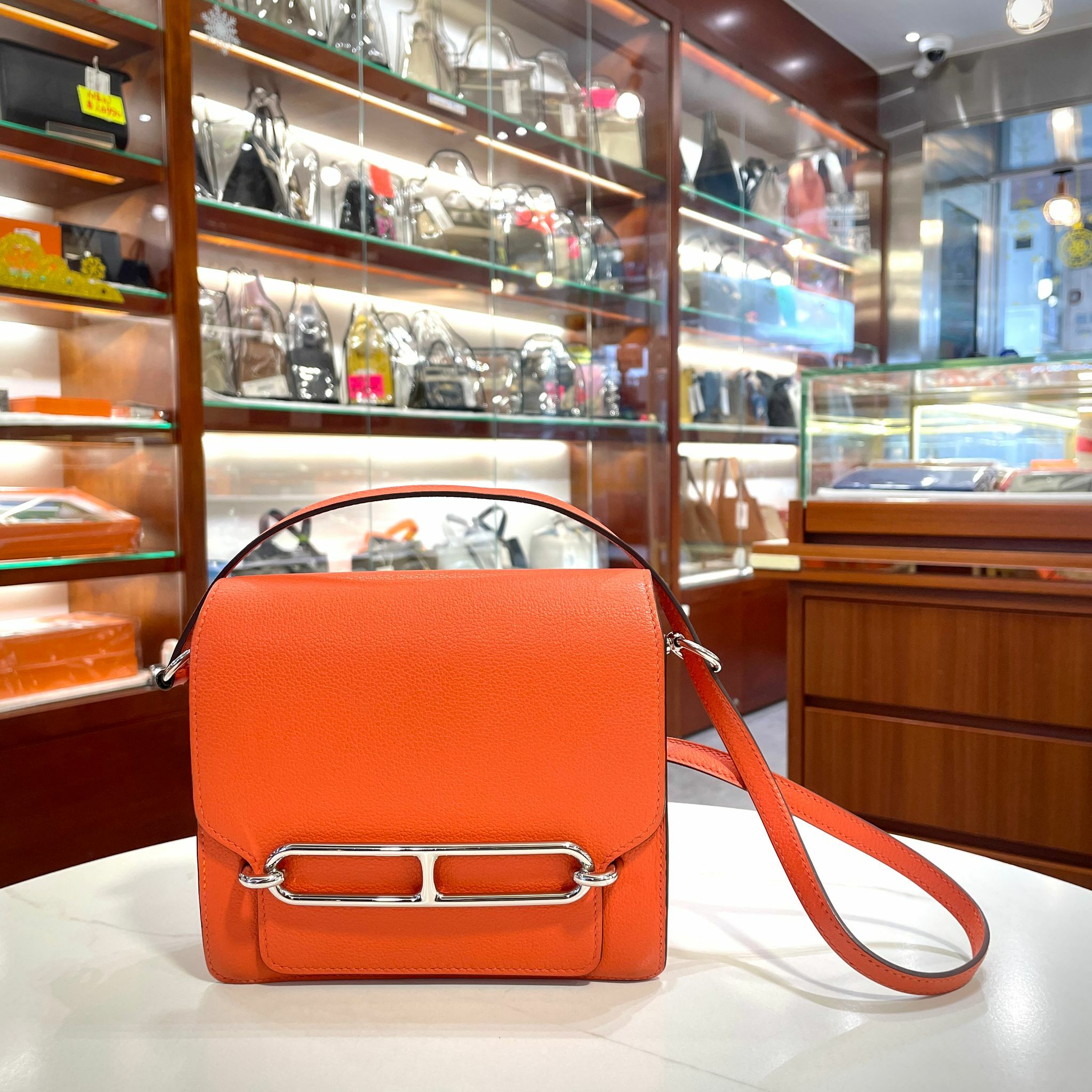 99%NEW二手HERMES MINI ROULIS A刻 罌栗橙EVERCOLOR皮/銀扣 8V/POPPY ORANG PHW #豬鼻包 #香榭站正品