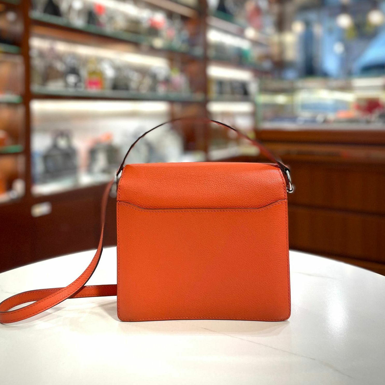 99%NEW二手HERMES MINI ROULIS A刻 罌栗橙EVERCOLOR皮/銀扣 8V/POPPY ORANG PHW #豬鼻包 #香榭站正品