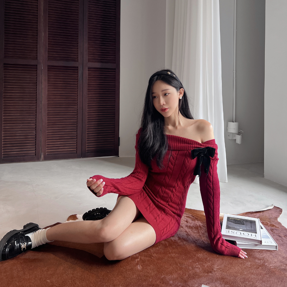 翻領蝴蝶結麻花洋裝 約會洋裝-2色(現貨)