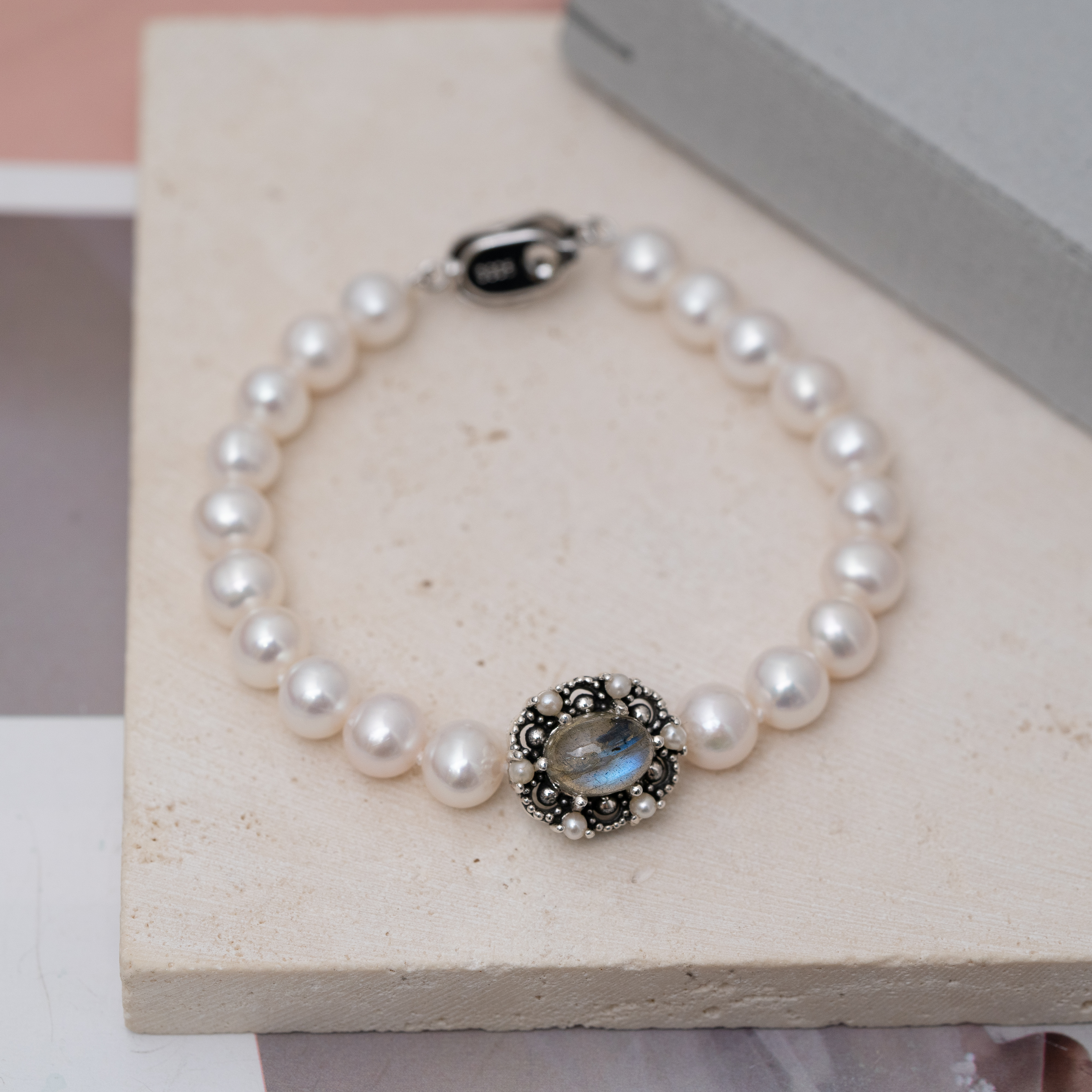 svb128 自家設計 藍光拉長石 天然淡水珍珠 自家款