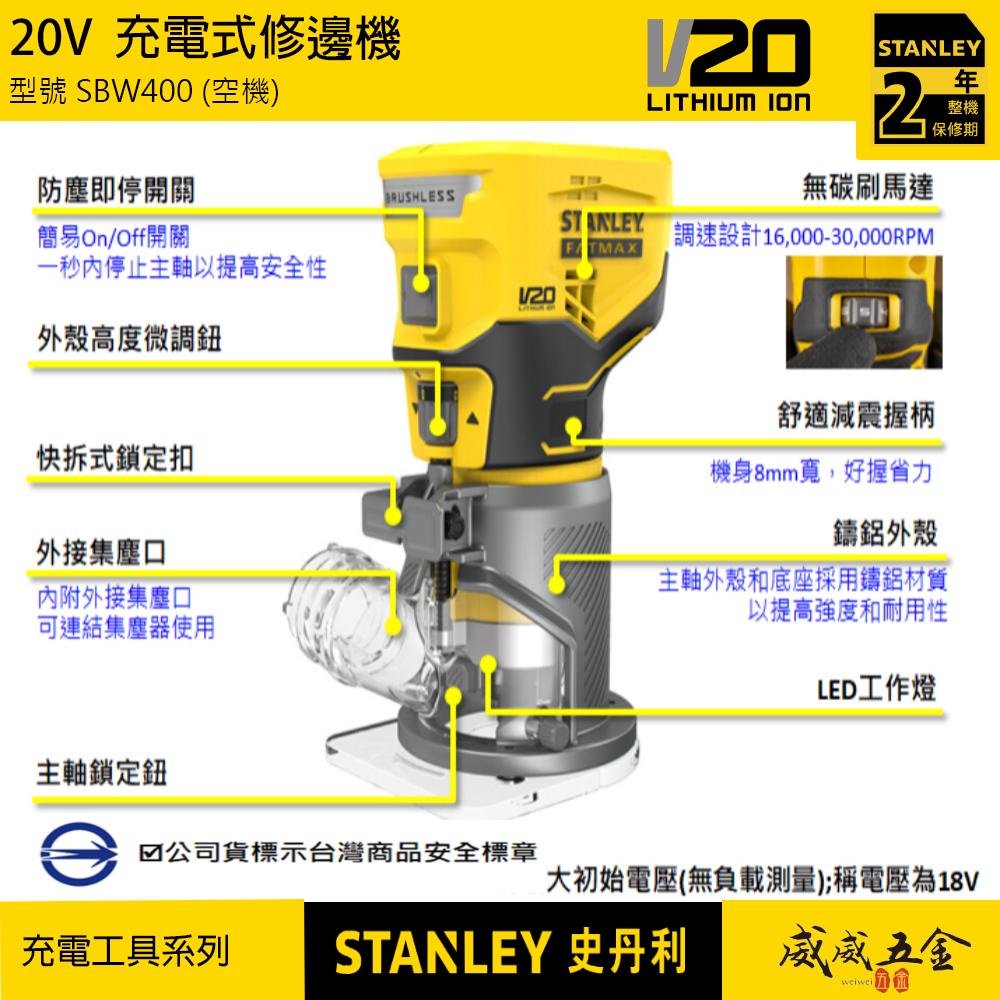 STANLEY 美國 史丹利｜20V 充電式修邊機 充電 防塵即停開關｜空機｜SBW400｜公司貨 SBW400B SBW400N ST-SBW400