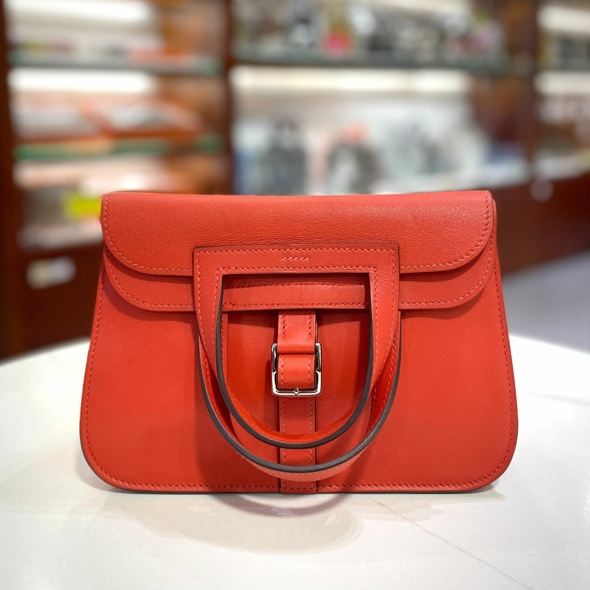 95%NEW二手HERMES MINI HALZAN 火焰橙/銀扣 9J/FEU ORANG #香榭站正品