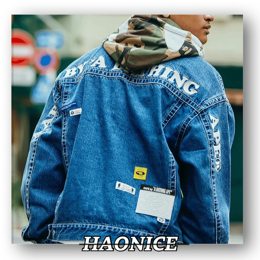【HAO NICE】秋冬首選❄️日系潮牌Aape🦍 徽章logo復古裸線牛仔外套 連帽外套帽子可拆