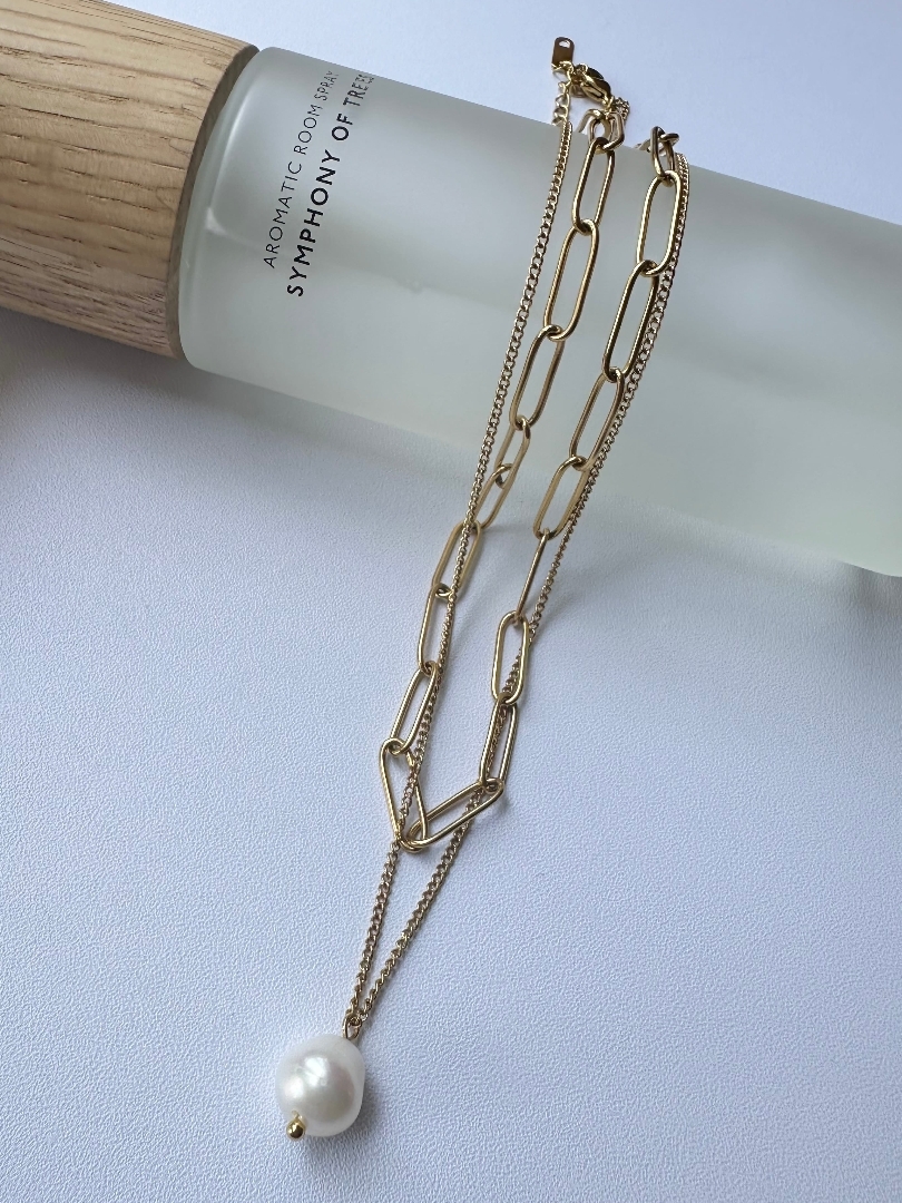 SS pearl double chain necklace