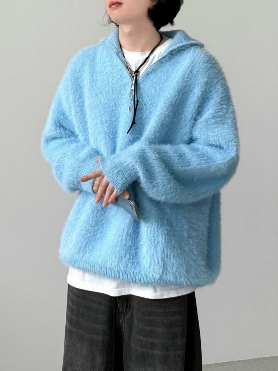 淨色反領半拉鍊針織衫 OUR ROOM-011T