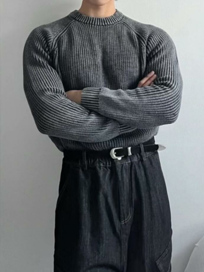 淨色圓領暗直紋針織衫 OUR ROOM-013T