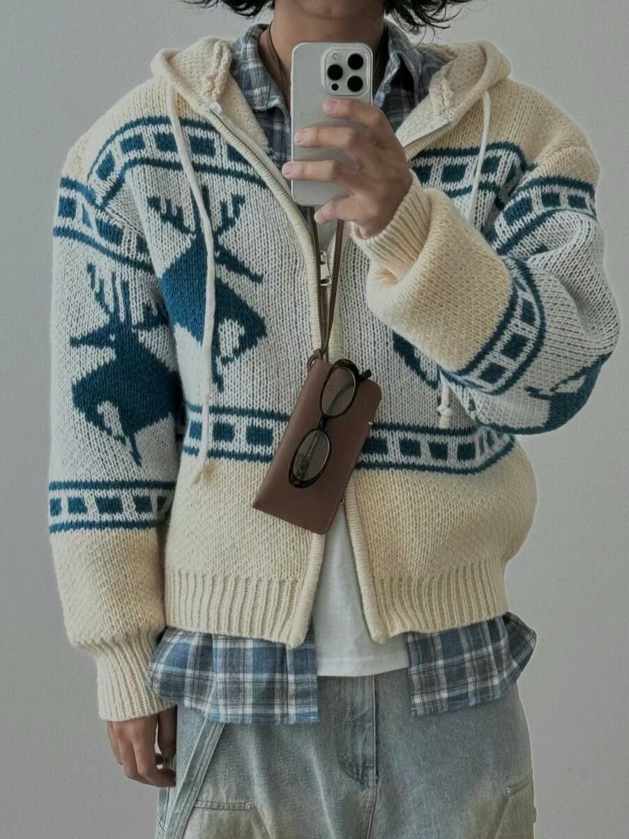 鹿圖案連帽拉鍊針織外套 OUR ROOM-015JK