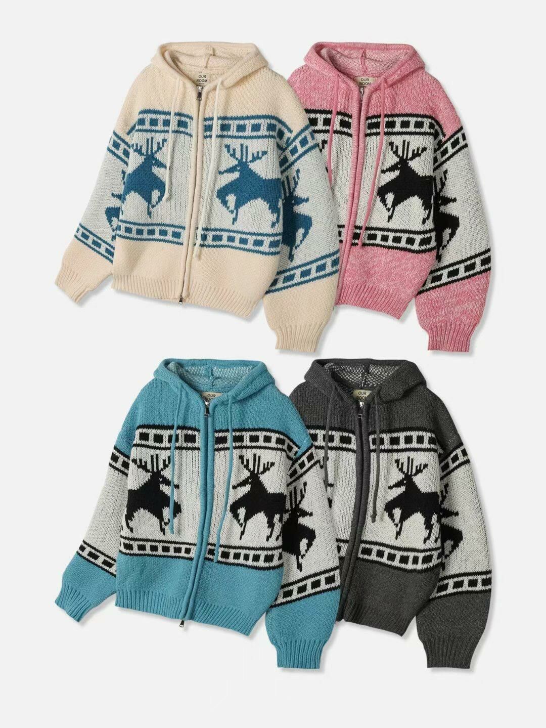 鹿圖案連帽拉鍊針織外套 OUR ROOM-015JK