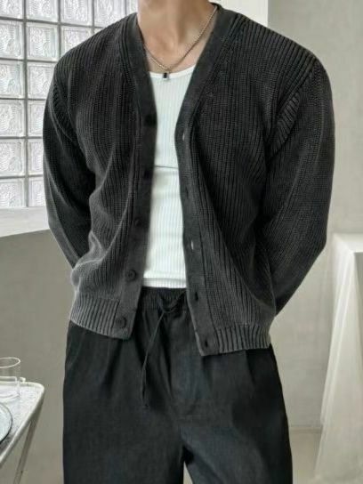 淨色暗直紋開胸針織外套 OUR ROOM-023JK