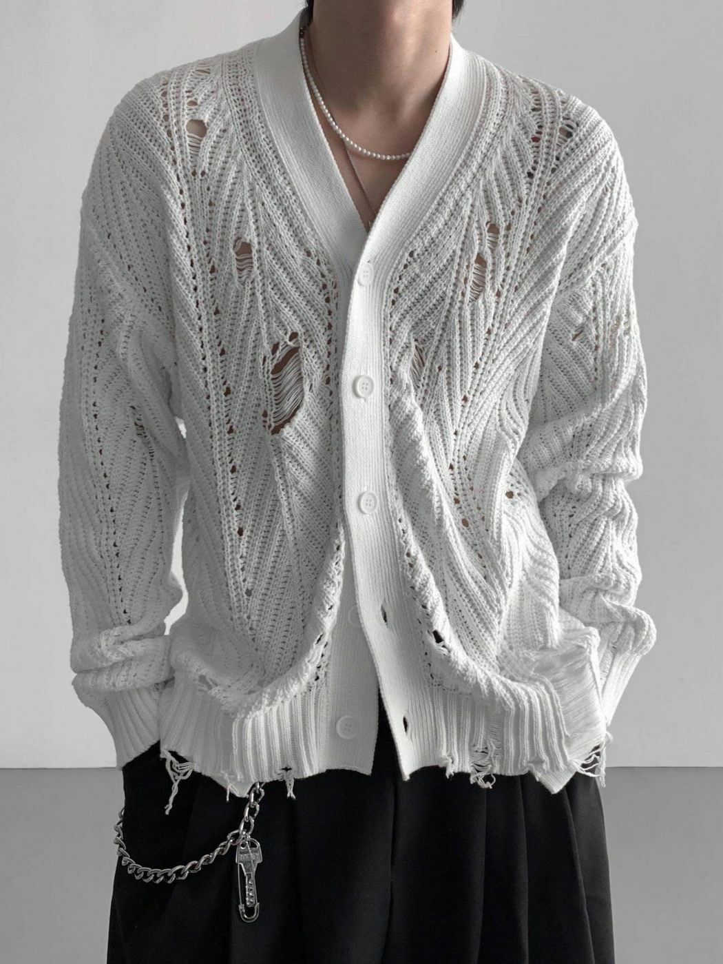 淨色破洞暗紋開胸針織外套 SUB-009JK