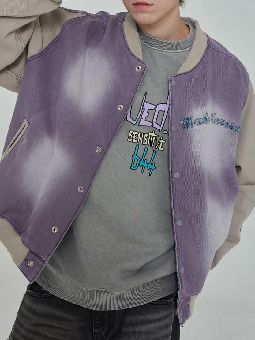 仿污拼色英文字棒球褸 UNUSED-034JK