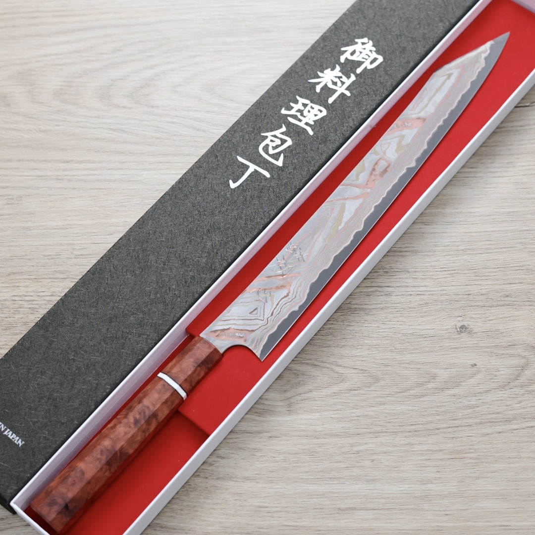 初心x二唐 彩 切付筋引 330mm 有色青紙鋼 黑染大馬士革